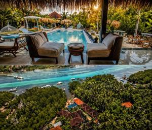 two pictures of a pool with chairs and a table at Alinn Villas in Nusa Lembongan