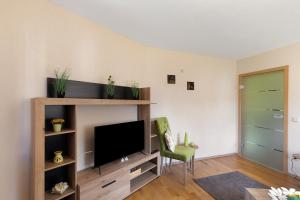 a living room with a television and a green door at Ferienwohnung Hochspessart in Rothenbuch
