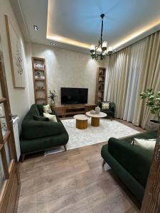 a living room with two green couches and a television at Appartement LA SCENE DU CENTRE ANNABA in Annaba
