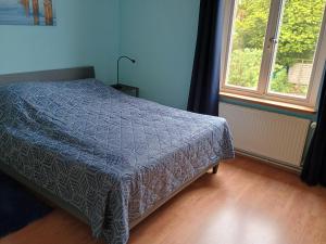 a bedroom with a bed with a blue comforter and a window at Ferienwohnung am Dom in Verden