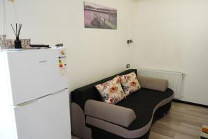 a couch in a living room with a refrigerator at Casa de la Nuc in Târgu Jiu +35 photos