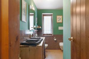a bathroom with green walls and a sink and a toilet at Relax At The Mountain in Madonna di Campiglio +17 photos