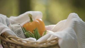a basket with a tomato and other vegetables in it at Homegrown Hideaway in Port Dover