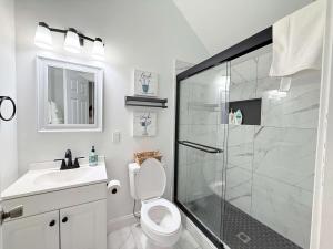 a bathroom with a shower and a toilet and a sink at Carytown nest King Bed fully fenced in Richmond