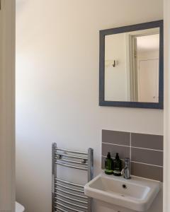 a bathroom with a sink and a mirror at Chuggs Orchard in Croyde +30 photos