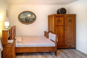 a bedroom with a bed and a dresser and a mirror at Apartmán U babičky in Strakonice