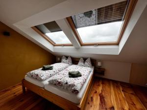 a bedroom with a bed with a skylight at Ferienhof Forstmoar in Gars am Inn +17 photos