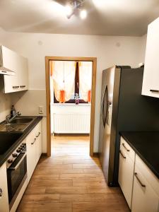 a kitchen with a black refrigerator and a window at My FeWo in Germersheim +15 photos