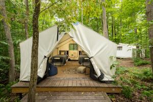 a tent in the middle of the woods at Naturluxe & Stars in Watkins Glen