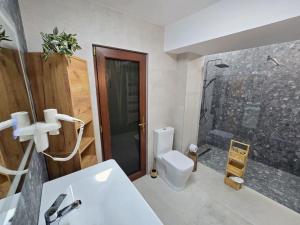 ein Badezimmer mit Dusche, Toilette und Waschbecken in der Unterkunft BlueBee Hive in Orăştie + 2 Fotos