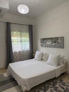a large white bed in a room with a window at Kaz KAFE in Mamoudzou