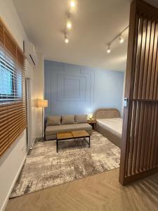 a living room with a couch and a bed at Tomis Villa Center Studio in Constanţa