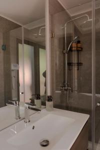 a bathroom with a white sink and a shower at Aslan Haus in Villarrica