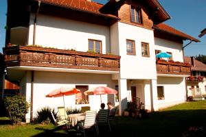 two people sitting under umbrellas in front of a house at Mentebauer Traudi's Ferienhof in Rothenthurn