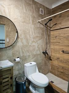 ein Badezimmer mit Toilette und Dusche in der Unterkunft Wanderlust Hostel B & B in Santiago + 45 Fotos
