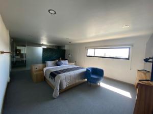 a bedroom with a bed and a blue chair at Oaxaca Inn Reforma in Oaxaca City +76 photos