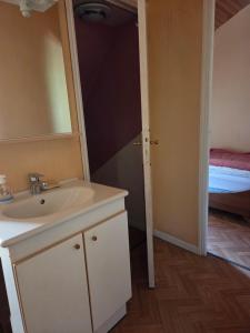 a bathroom with a sink and a mirror and a bed at la maisonnette in Fontanges