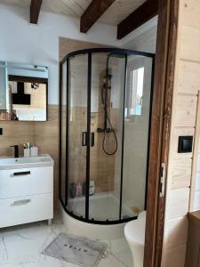 a bathroom with a shower and a sink at Domek Pod-Górski in Baligród +16 photos