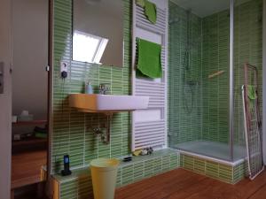 a green tiled bathroom with a sink and a shower at Freilandhof in Ötisheim +56 photos