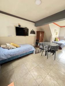 a room with two beds and a table and a tv at Patagonia y Deloqui in Ushuaia