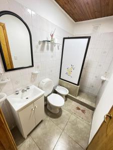 a bathroom with a toilet and a sink and a mirror at Patagonia y Deloqui in Ushuaia