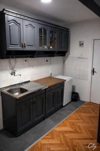 a kitchen with black cabinets and a sink at Apartman City With 3 Bedooms And Free Parking in Negotin