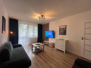 a living room with a couch and a tv at SKY Apartment 1 in Oświęcim