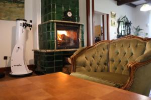 a living room with a couch and a fireplace at Agroturystyka u Oli in Smolany Dąb