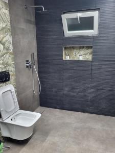 a bathroom with a white toilet and a shower at Krasaqua in Pogradec