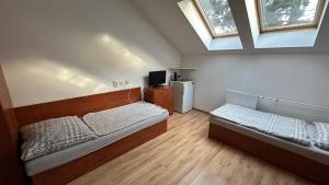 a bedroom with two beds and a television in it at Penzión Lindava in Budmerice +17 photos