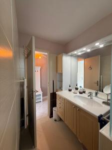 a bathroom with a sink and a large mirror at Le Charme bleu d'Azur in Saint-Raphaël +18 photos