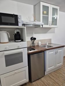 a small kitchen with white cabinets and a sink at Studio Les Sapins in Chapois