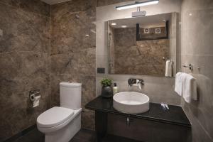 a bathroom with a toilet and a sink and a mirror at Fu Shang Villa in Kathmandu