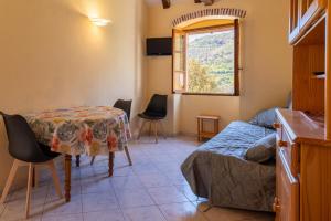 a room with a table and a bed and a window at Maisonnette Chez Aurèle in Santa-Maria-di-Lota