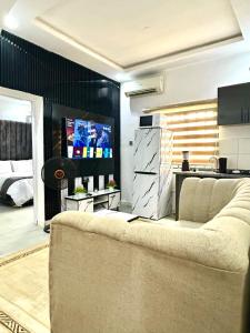 a living room with a couch and a television at Saint Apartment by Bento in Gwarinpa