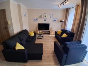 a living room with two blue couches and a television at Umińskiego Spacious Apartment in Poznań