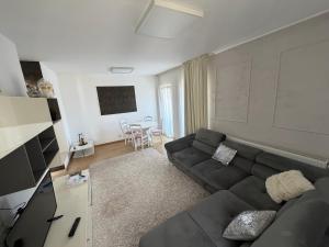 a living room with a couch and a table at Biby apartament in Cluj-Napoca
