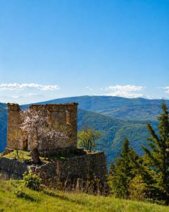an old stone building on a hill with mountains in the background at Veranda Villa in Arachova