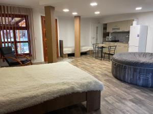 a room with a large bed and a kitchen at Gesztenyés Apartman Mátra Wellness in Parád +46 photos