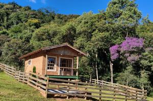 a small house in a field next to a fence at Chalé Das Quaresmeiras in Aiuruoca