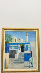 a painting of a blue and white building at Sidi bou duplex in La Goulette
