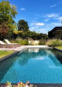 a swimming pool in a yard with chairs and trees at B&B De Rooman in Sint-Gillis-Waas
