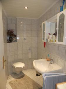 a bathroom with a white toilet and a sink at Gästehaus Riki Oberschmid in Steinbach am Attersee