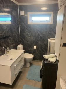 a bathroom with a sink and a toilet and a window at Vadlåsveien 4 in Egersund