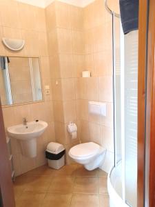a small bathroom with a toilet and a sink at Zamkowa in Puck +16 photos