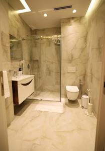 a bathroom with a shower and a toilet and a sink at Theatro Hotel Apartaments Tirana in Tirana