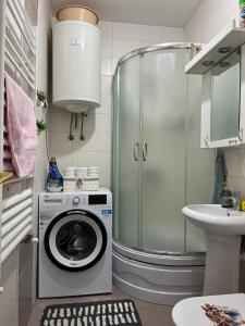 a bathroom with a washing machine and a sink at Apartman B&S Apatin in Apatin