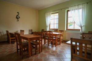 a dining room with wooden tables and chairs at Zamkowa in Puck