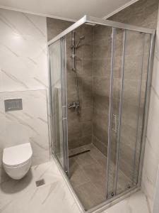 a shower stall in a bathroom with a toilet at Crystal by Solid Sea View Mamaia - Apartament langa plaja cu vedere la mare in Mamaia