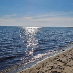 a beach with the sun reflecting on the water at Haus Dorfschmiede, Whg Seestern in Alkersum